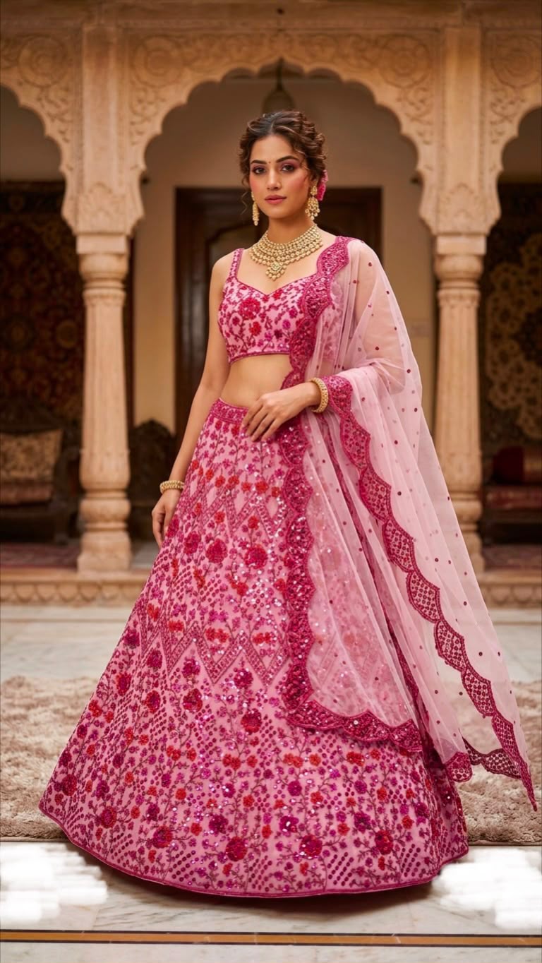 Pretty in Pink Sequins & Zari Embroidered Net Lehenga Choli Set with Dupatta