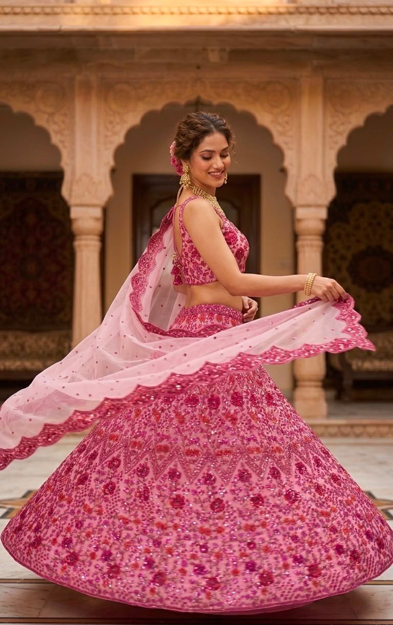 Pretty in Pink Sequins & Zari Embroidered Net Lehenga Choli Set with Dupatta