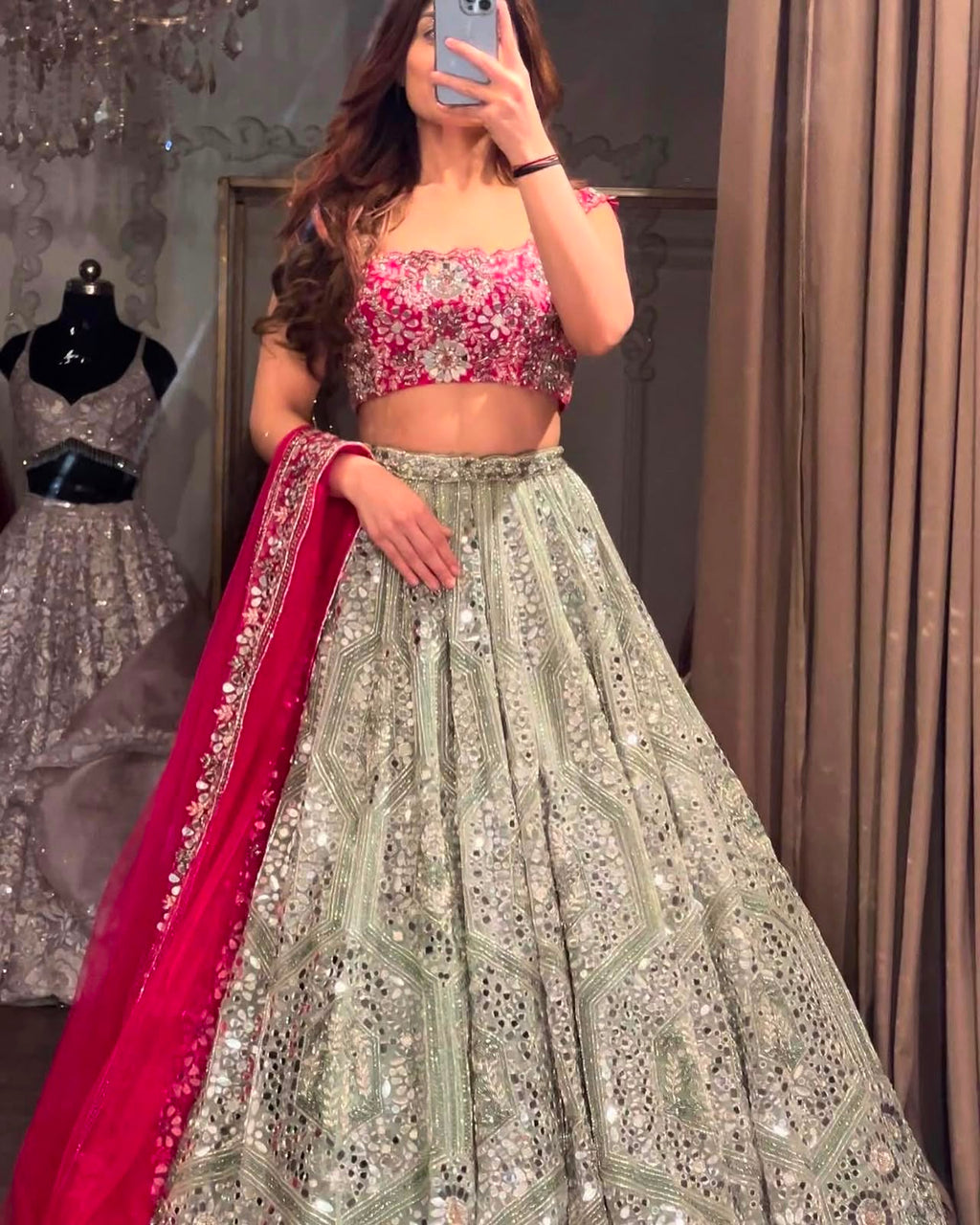 Silver & Vibrant Pink Faux Georgette Embroidered Lehenga Choli Set with Net Dupatta