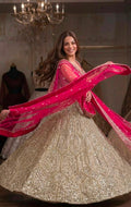 Silver & Vibrant Pink Faux Georgette Embroidered Lehenga Choli Set with Net Dupatta