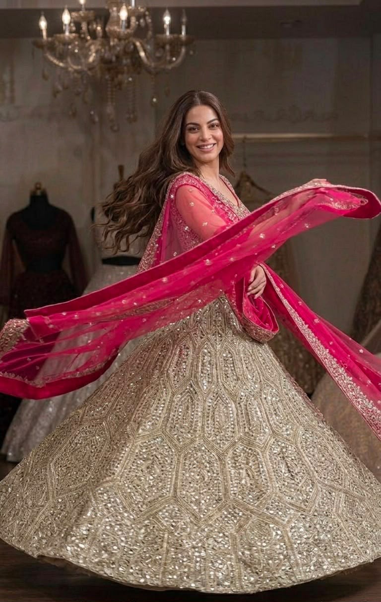 Silver & Vibrant Pink Faux Georgette Embroidered Lehenga Choli Set with Net Dupatta