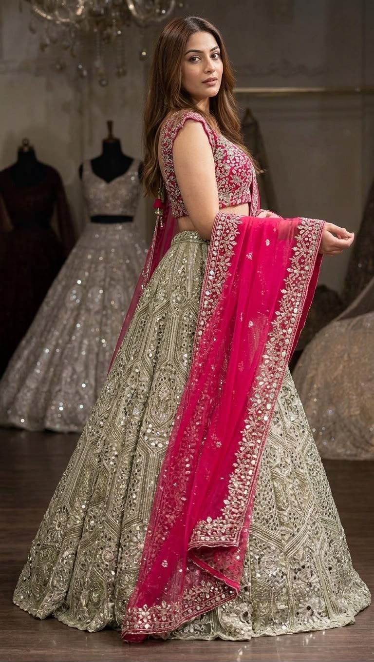Silver & Vibrant Pink Faux Georgette Embroidered Lehenga Choli Set with Net Dupatta