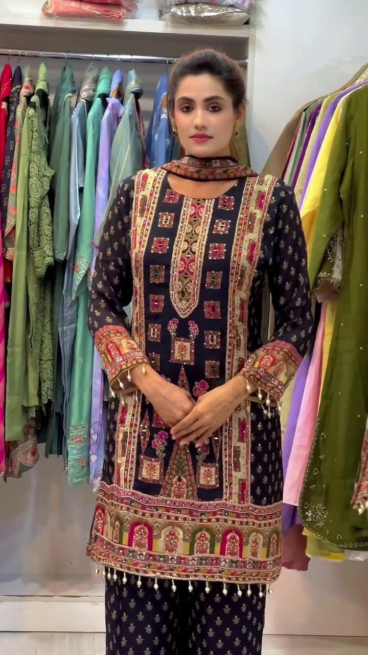 Pure Chinon Silk Digital Printed Top & Palazzo Set with Heavy Stone Work & Dupatta