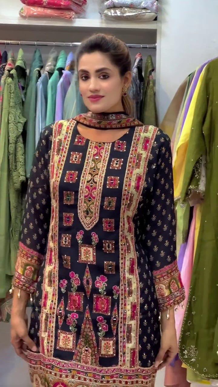 Pure Chinon Silk Digital Printed Top & Palazzo Set with Heavy Stone Work & Dupatta