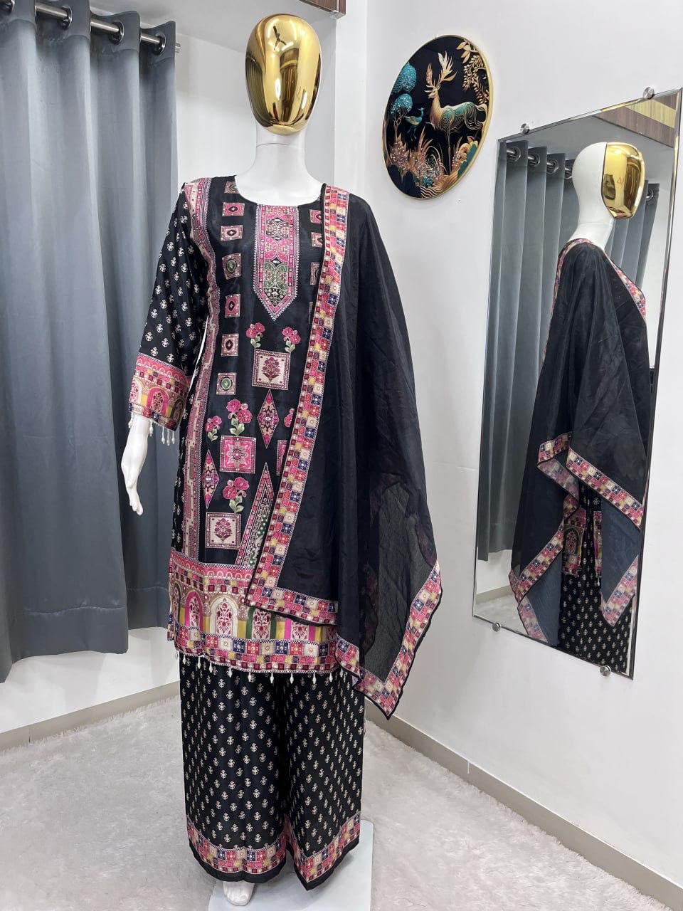 Pure Chinon Silk Digital Printed Top & Palazzo Set with Heavy Stone Work & Dupatta