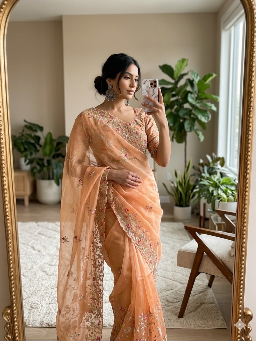 Rich Fendy Chiffon Sequins Embroidered Saree with Stitched Raw Silk Blouse