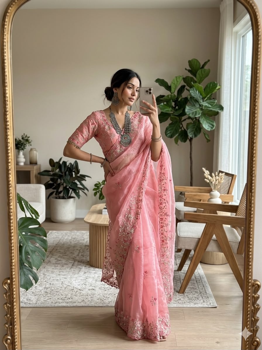 Rich Fendy Chiffon Sequins Embroidered Saree with Stitched Raw Silk Blouse