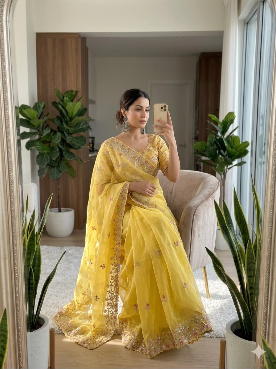 Rich Fendy Chiffon Sequins Embroidered Saree with Stitched Raw Silk Blouse