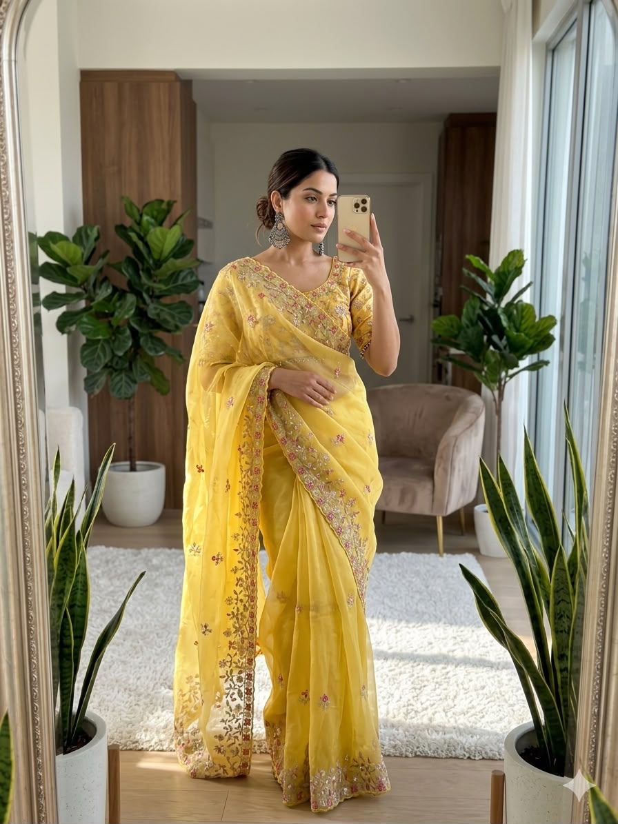 Rich Fendy Chiffon Sequins Embroidered Saree with Stitched Raw Silk Blouse