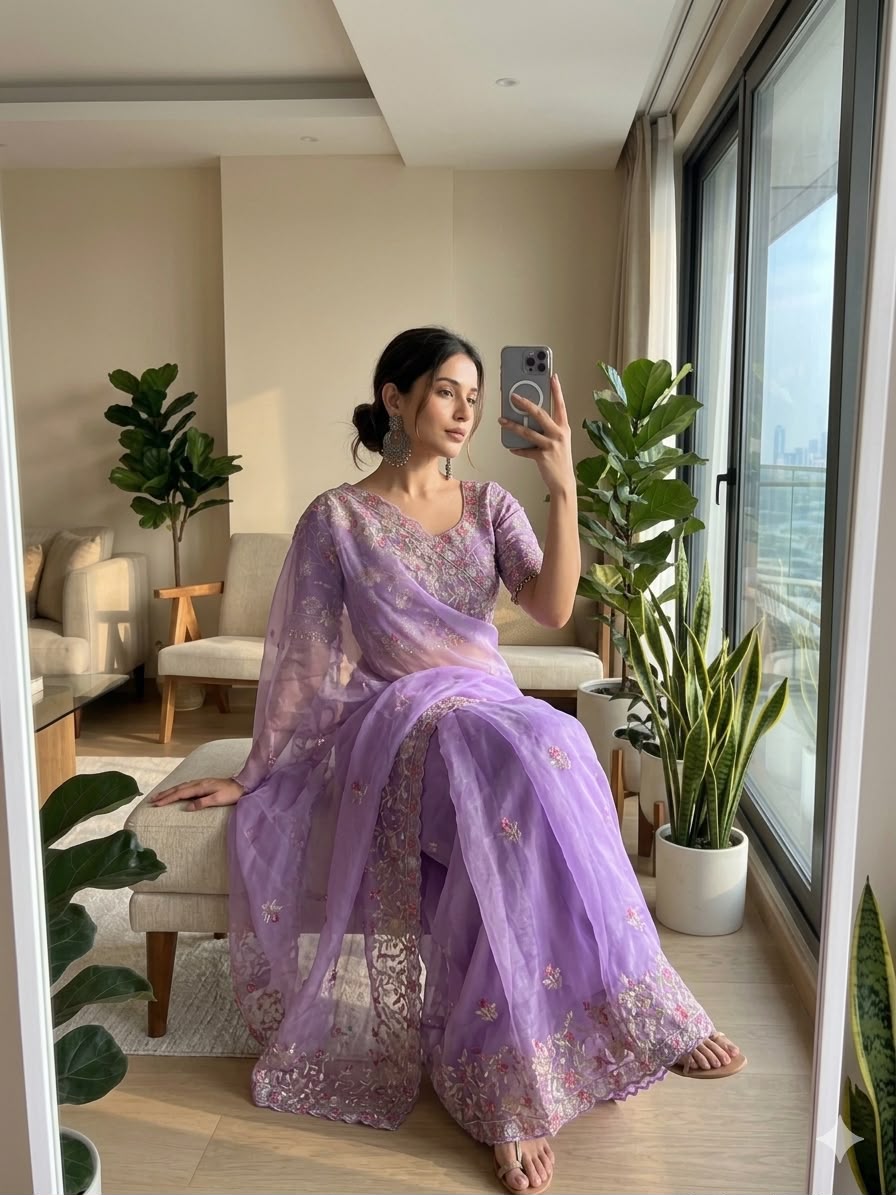 Rich Fendy Chiffon Sequins Embroidered Saree with Stitched Raw Silk Blouse