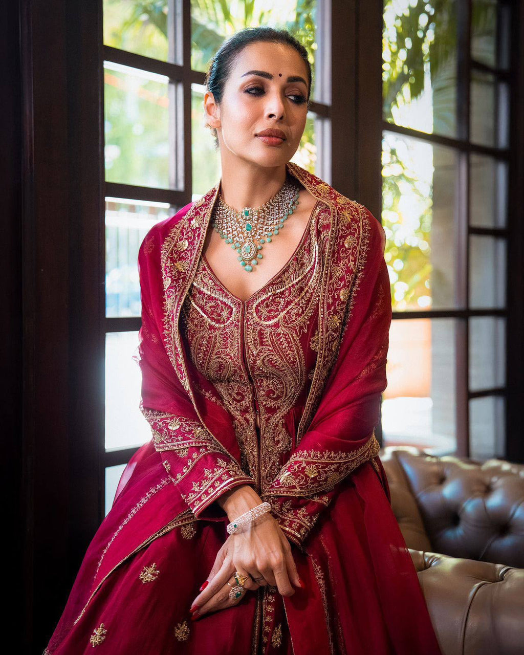 Embroidered Chinon Silk Anarkali Gown with Palazzo & Sequinned Georgette Dupatta