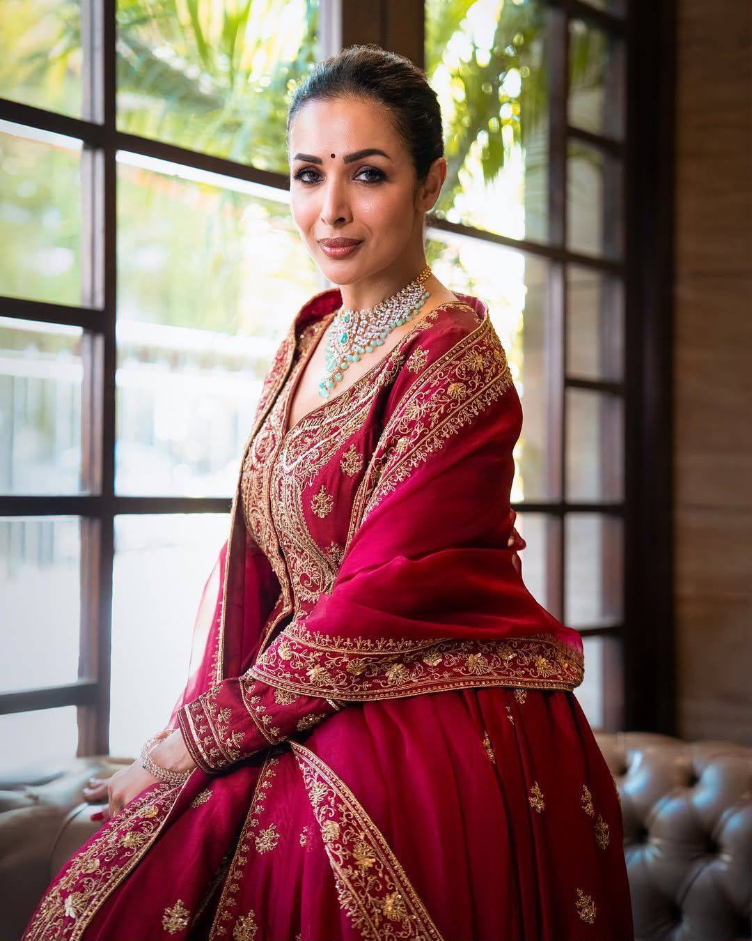 Embroidered Chinon Silk Anarkali Gown with Palazzo & Sequinned Georgette Dupatta