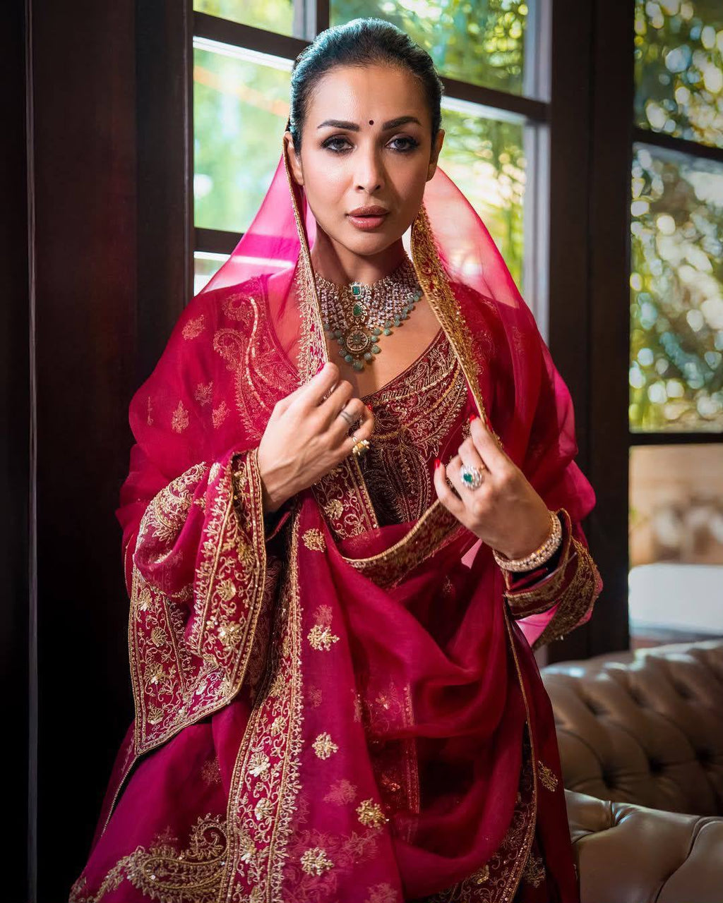 Embroidered Chinon Silk Anarkali Gown with Palazzo & Sequinned Georgette Dupatta