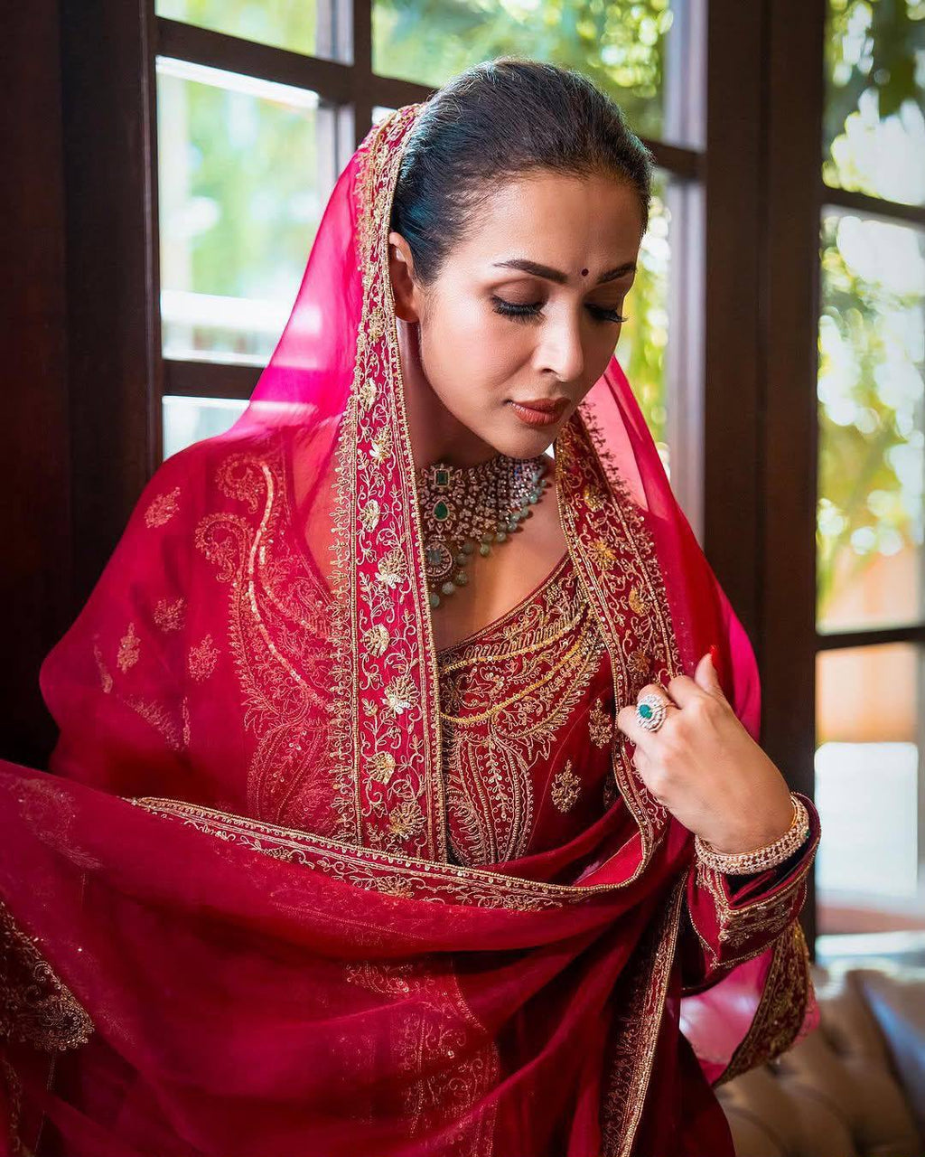 Embroidered Chinon Silk Anarkali Gown with Palazzo & Sequinned Georgette Dupatta