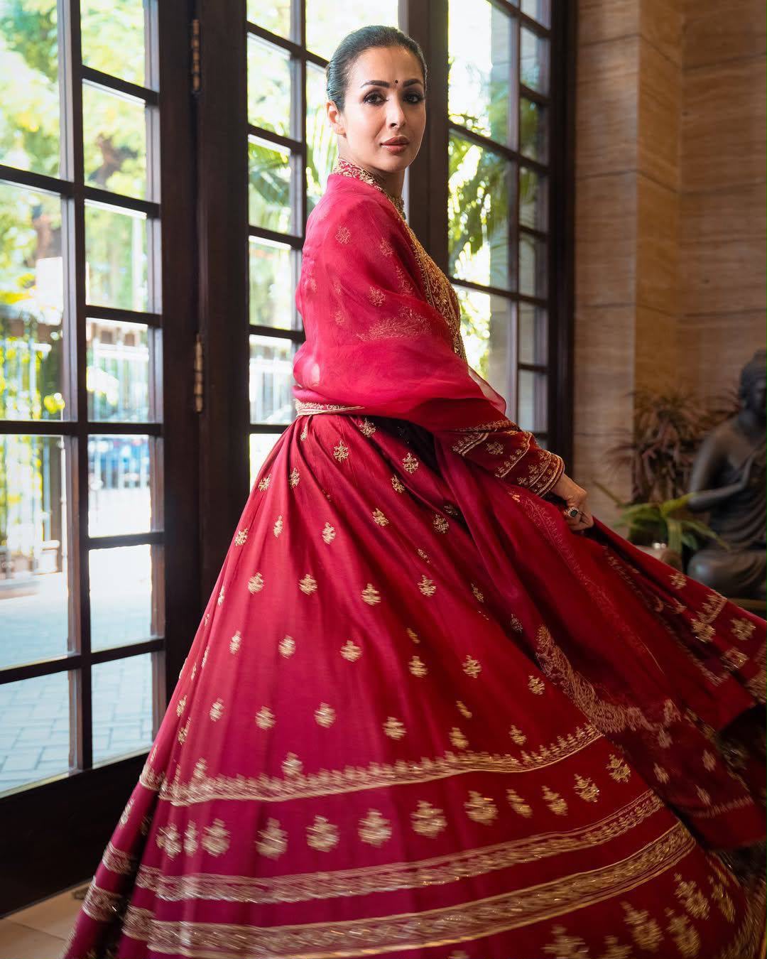 Embroidered Chinon Silk Anarkali Gown with Palazzo & Sequinned Georgette Dupatta
