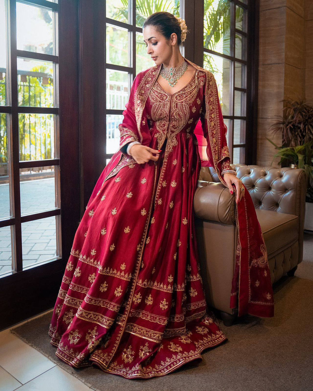 Embroidered Chinon Silk Anarkali Gown with Palazzo & Sequinned Georgette Dupatta