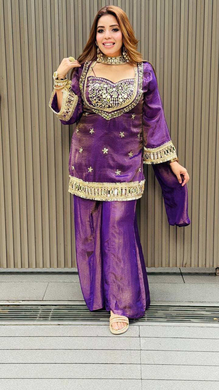 Exclusive 4-Piece Palazzo Set with Blouse & Real Mirror Embroidery Work