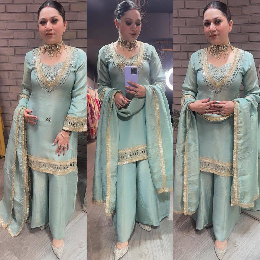 Exclusive 4-Piece Palazzo Set with Blouse & Real Mirror Embroidery Work