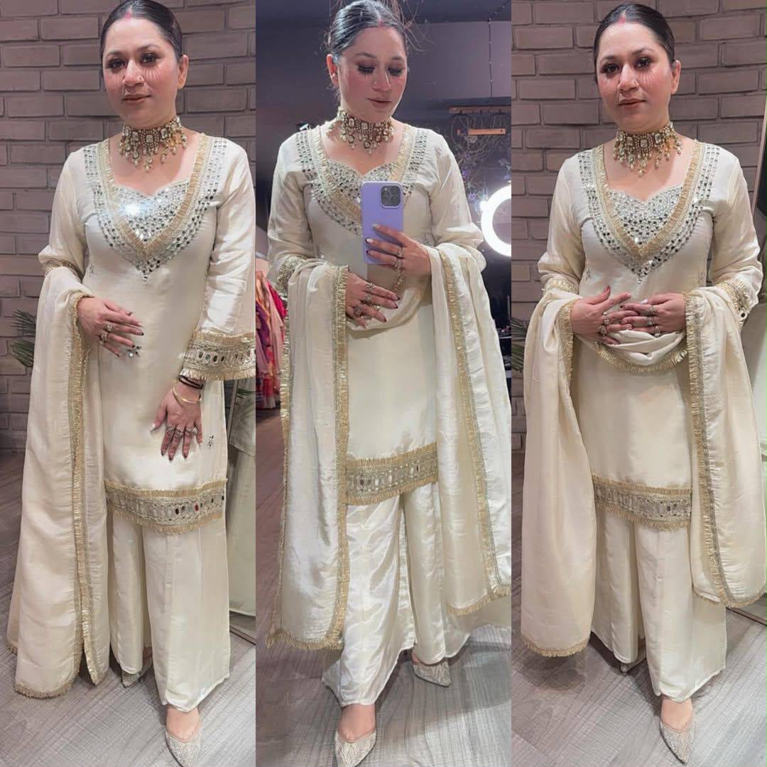 Exclusive 4-Piece Palazzo Set with Blouse & Real Mirror Embroidery Work