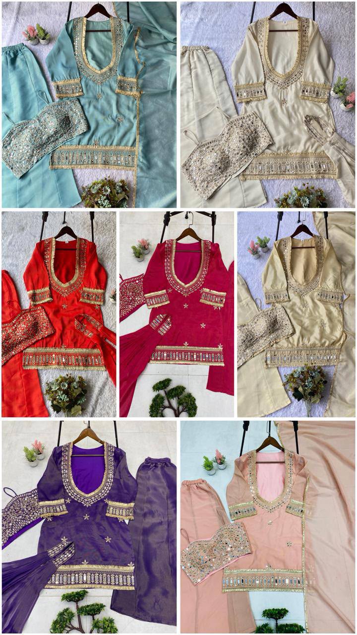 Exclusive 4-Piece Palazzo Set with Blouse & Real Mirror Embroidery Work