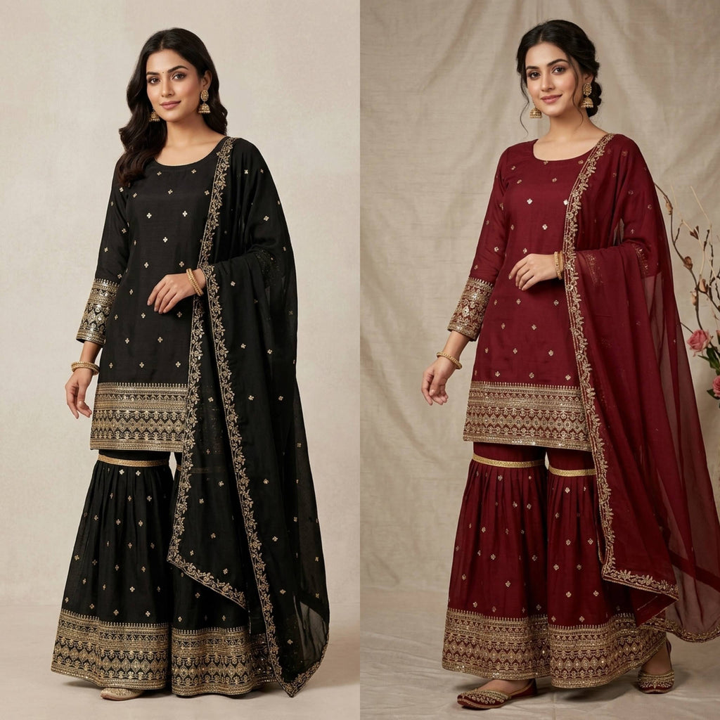 Heavy Vichitra Silk Embroidered Top, Sharara Palazzo & Dupatta Set