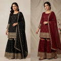 Heavy Vichitra Silk Embroidered Top, Sharara Palazzo & Dupatta Set
