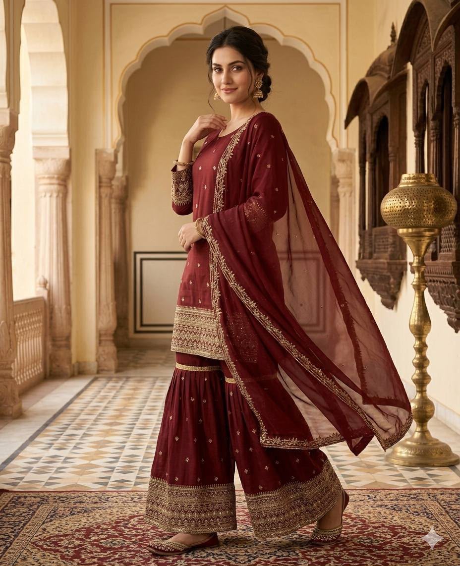 Heavy Vichitra Silk Embroidered Top, Sharara Palazzo & Dupatta Set