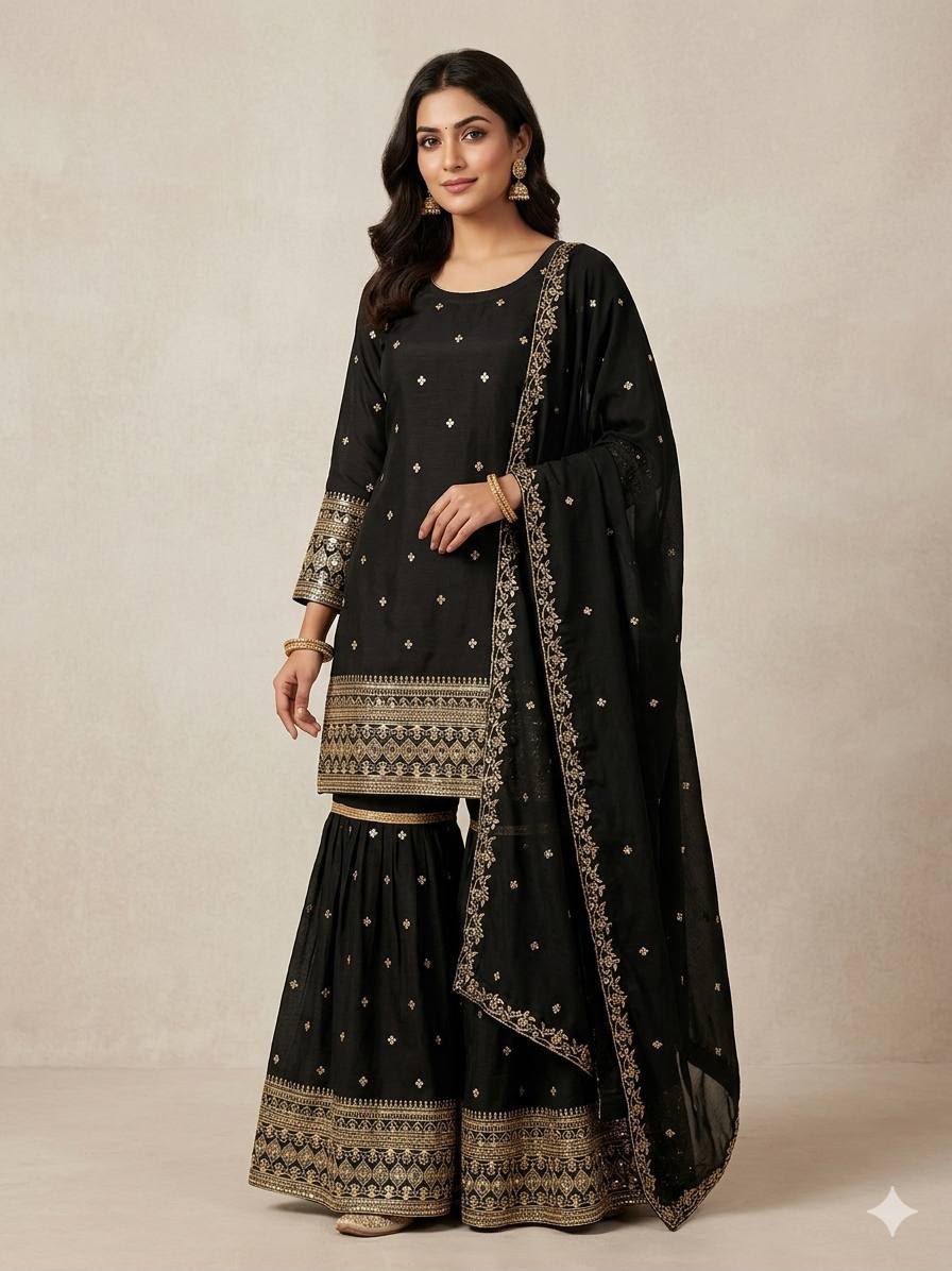 Heavy Vichitra Silk Embroidered Top, Sharara Palazzo & Dupatta Set