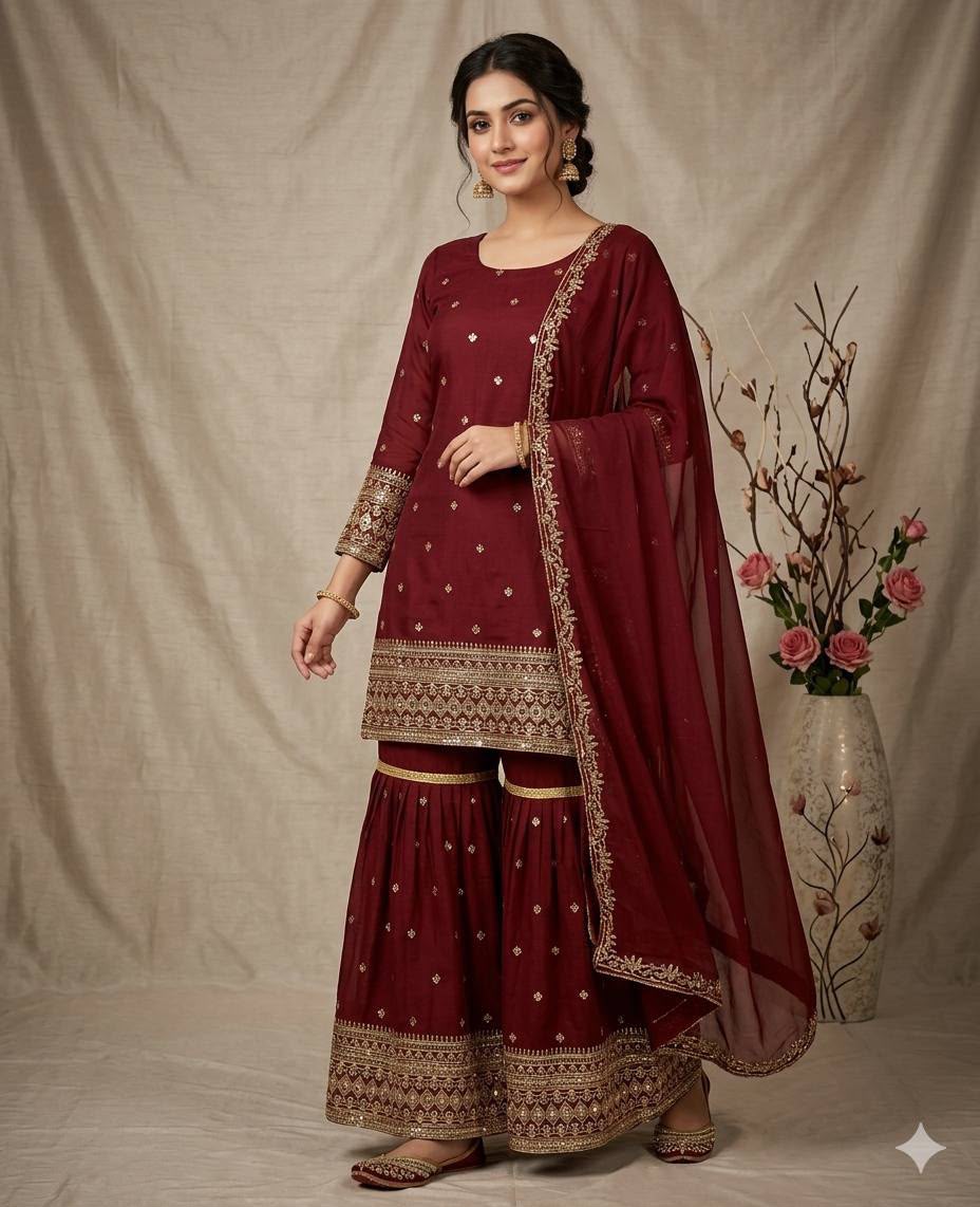 Heavy Vichitra Silk Embroidered Top, Sharara Palazzo & Dupatta Set