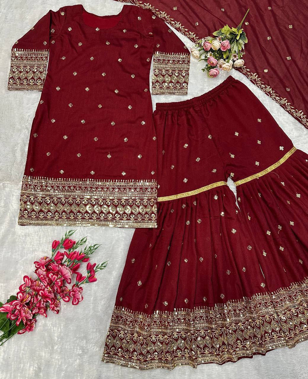 Heavy Vichitra Silk Embroidered Top, Sharara Palazzo & Dupatta Set