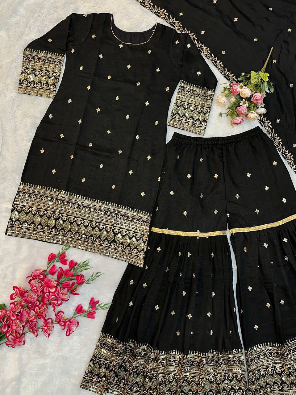 Heavy Vichitra Silk Embroidered Top, Sharara Palazzo & Dupatta Set
