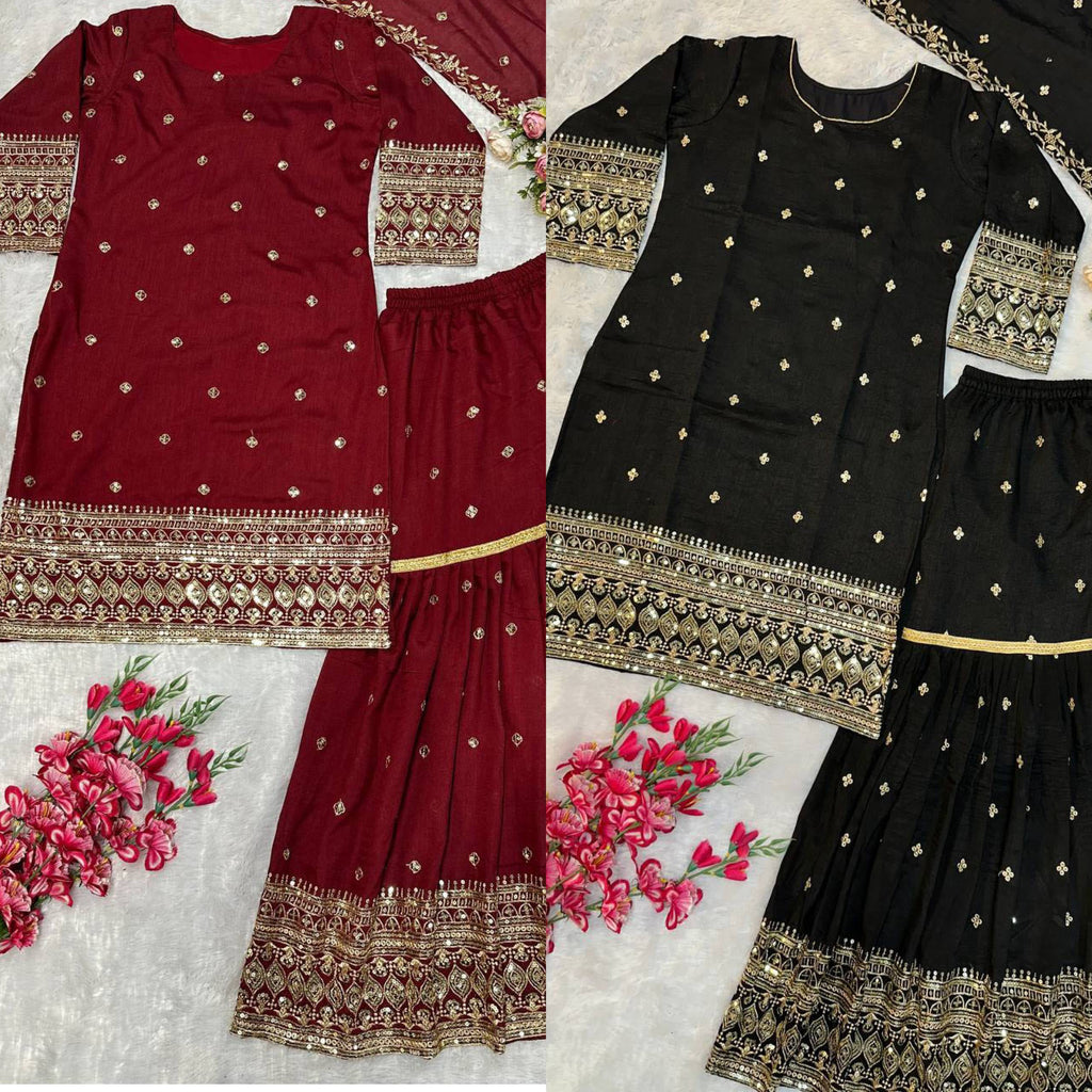 Heavy Vichitra Silk Embroidered Top, Sharara Palazzo & Dupatta Set