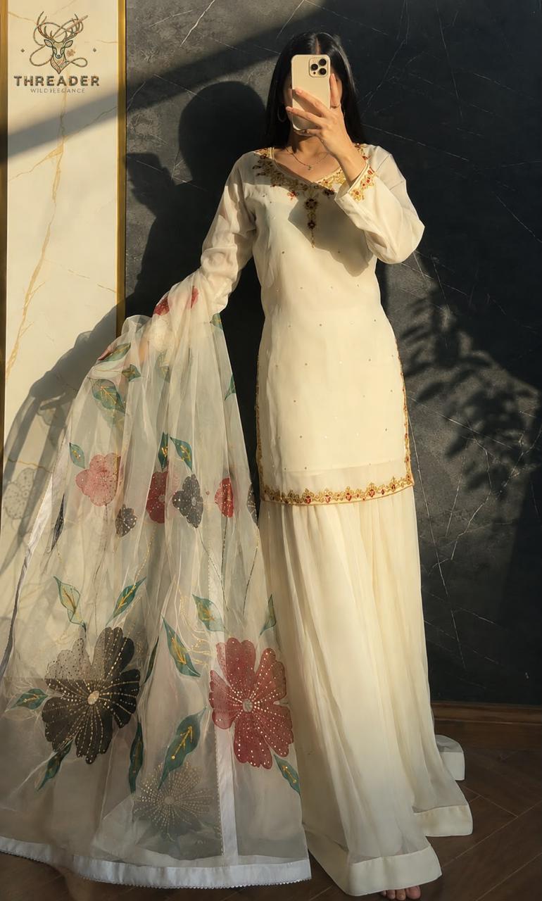Trending Fox Georgette Embroidered Top, Sharara & Digital Print Organza Dupatta Set