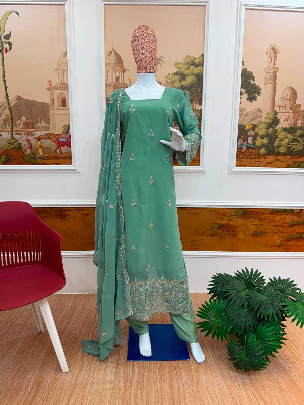 Designer Faux Georgette Embroidered Kurti Set with Pant & Dupatta