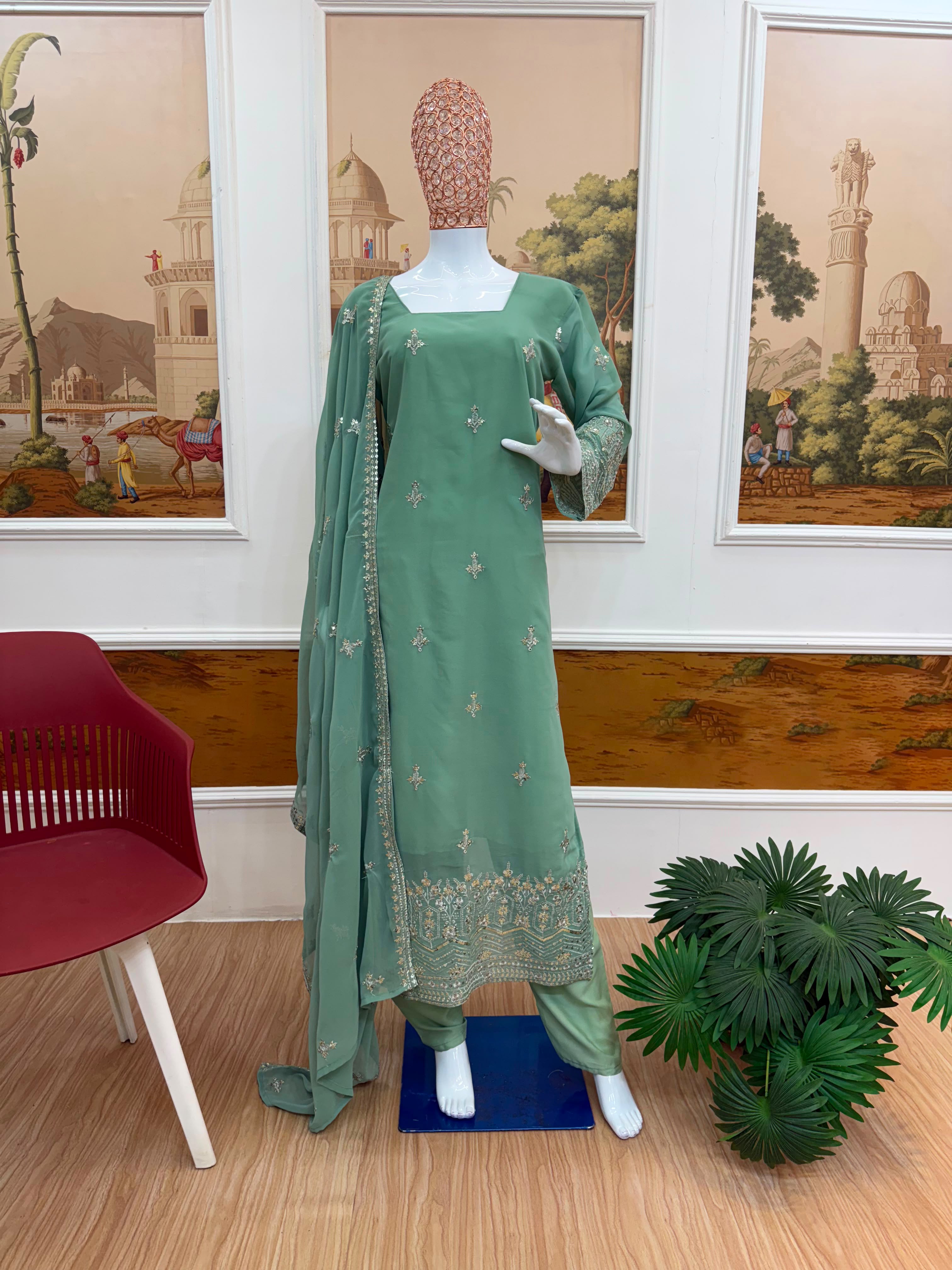 Designer Faux Georgette Embroidered Kurti Set with Pant & Dupatta