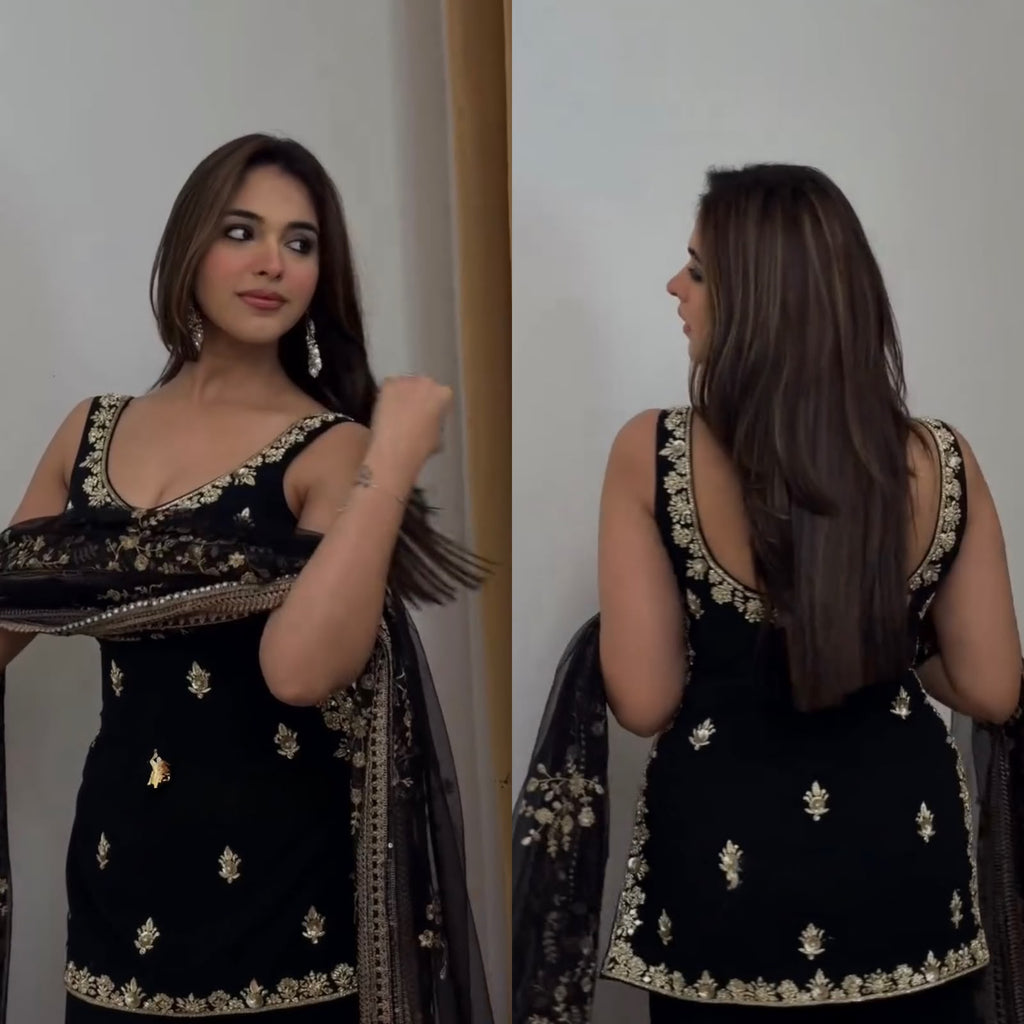 Woman wearing a black dress with gold embroidery, shown from front and back views.