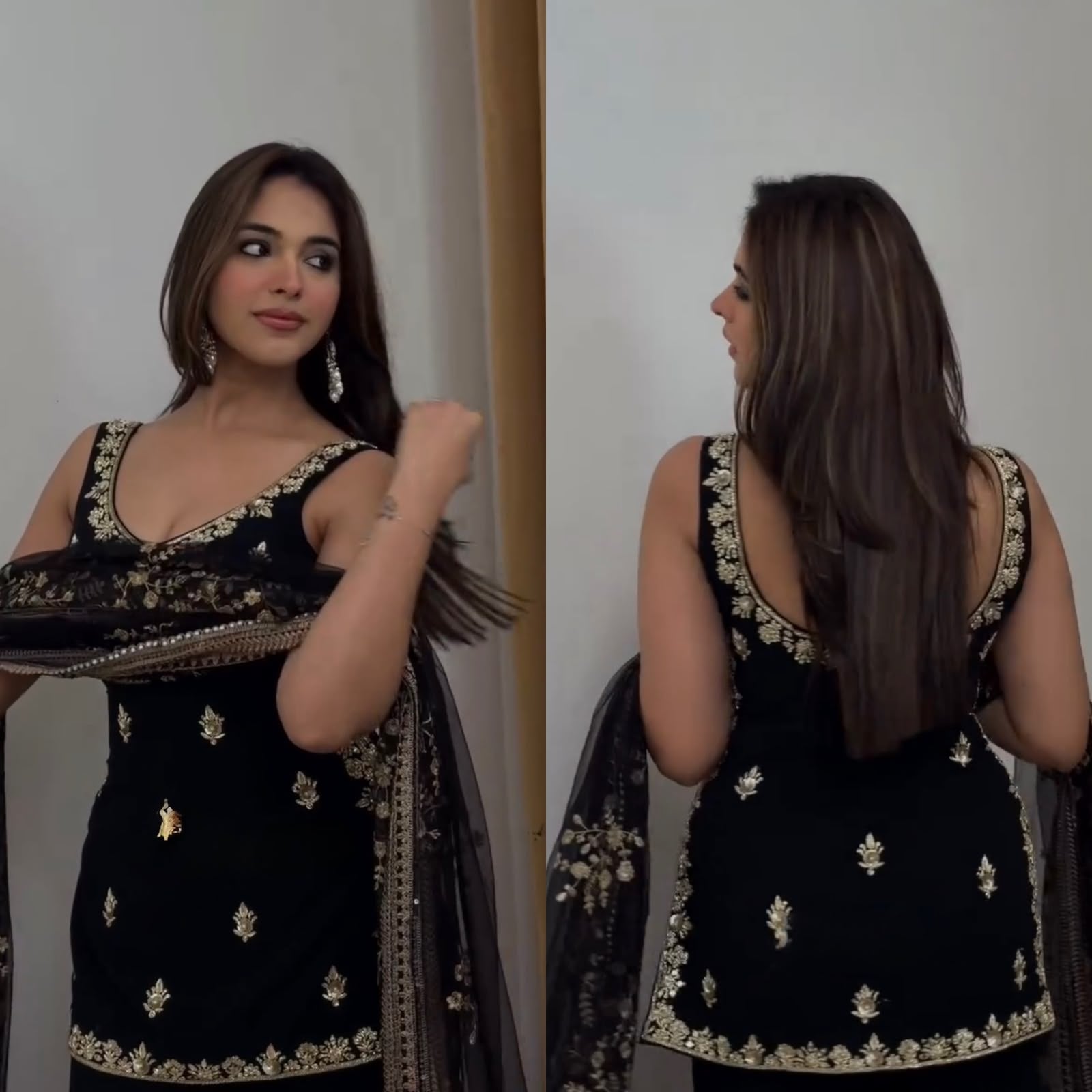 Woman wearing a black dress with gold embroidery, shown from front and back views.