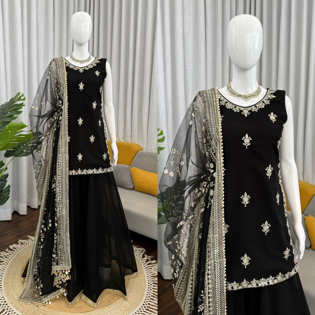 Designer Faux Georgette Thread & Sequence Embroidered Top and Palazzo Set with Net Dupatta