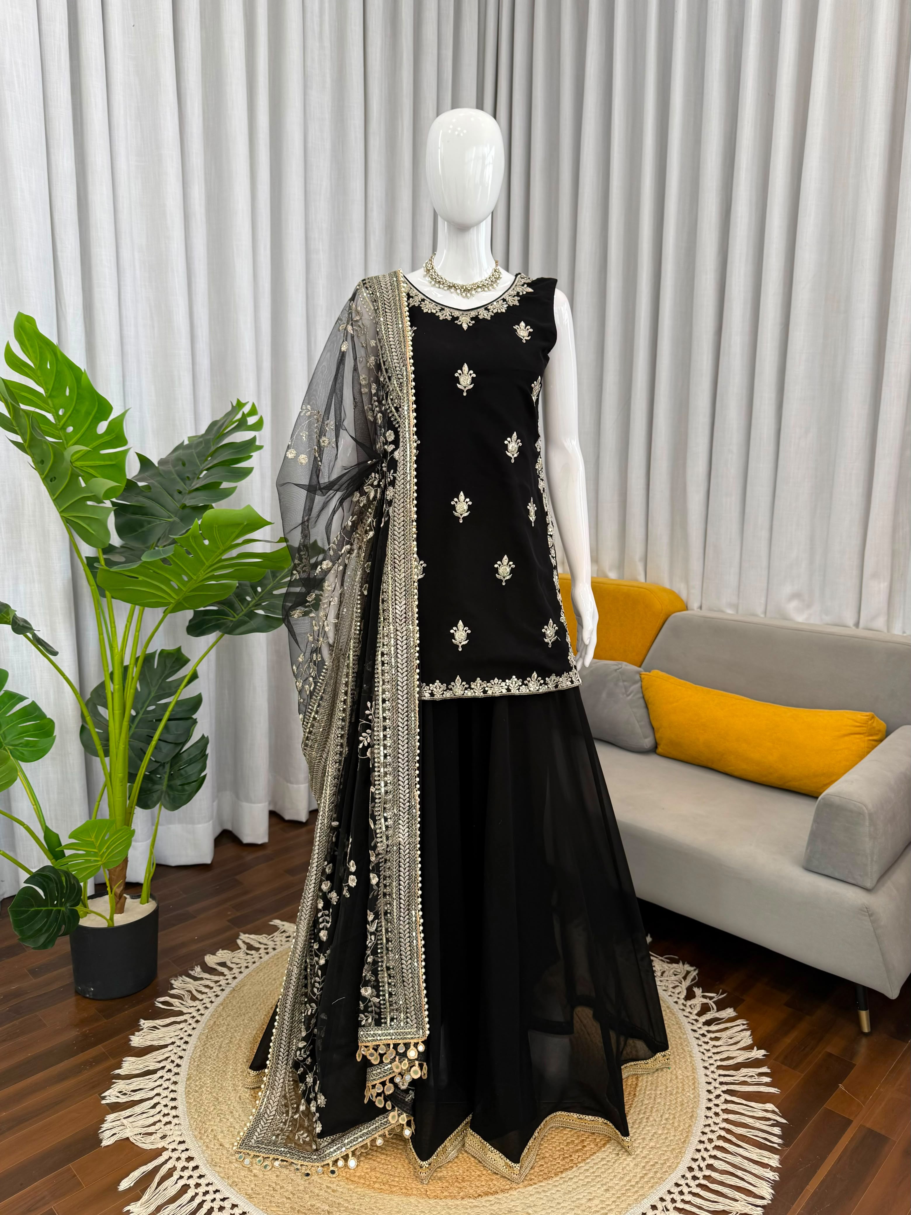 Designer Faux Georgette Thread & Sequence Embroidered Top and Palazzo Set with Net Dupatta