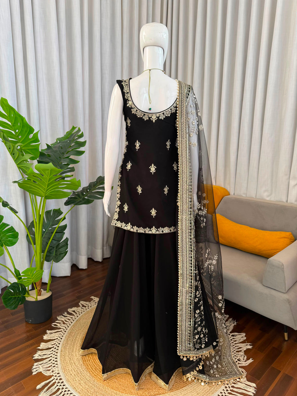 Designer Faux Georgette Thread & Sequence Embroidered Top and Palazzo Set with Net Dupatta