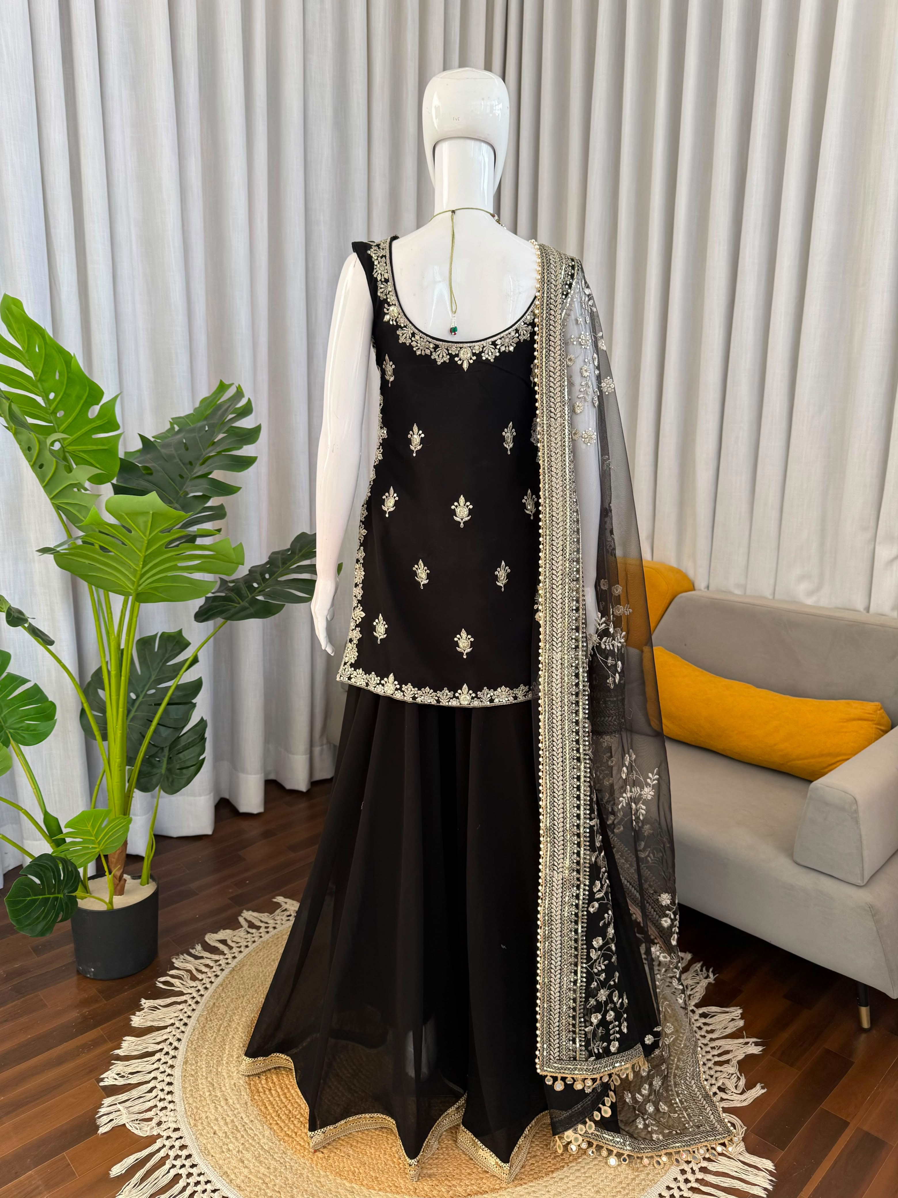 Designer Faux Georgette Thread & Sequence Embroidered Top and Palazzo Set with Net Dupatta