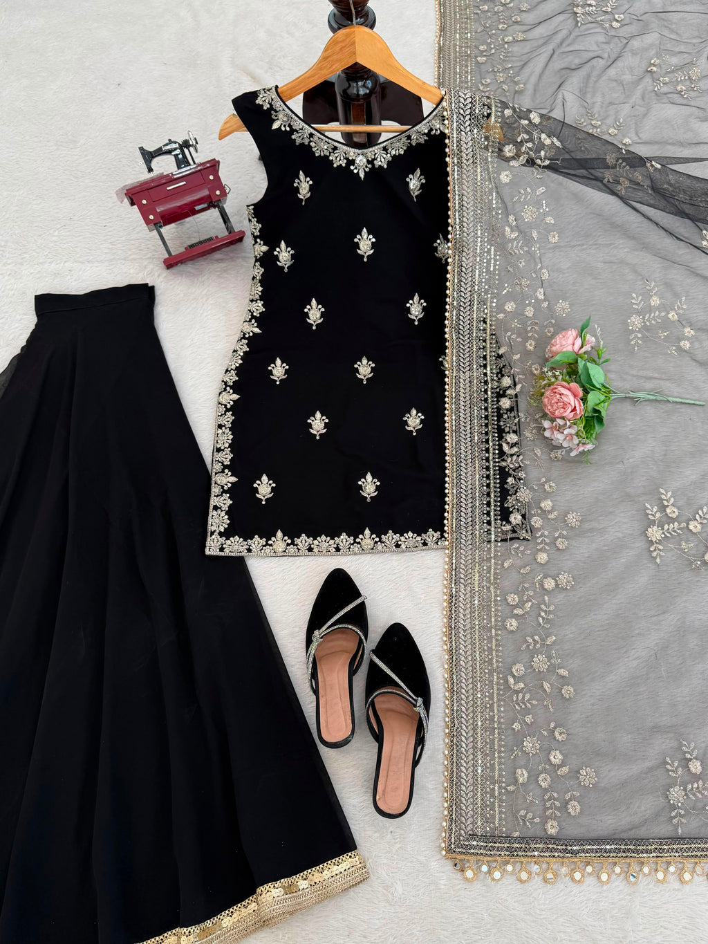 Designer Faux Georgette Thread & Sequence Embroidered Top and Palazzo Set with Net Dupatta