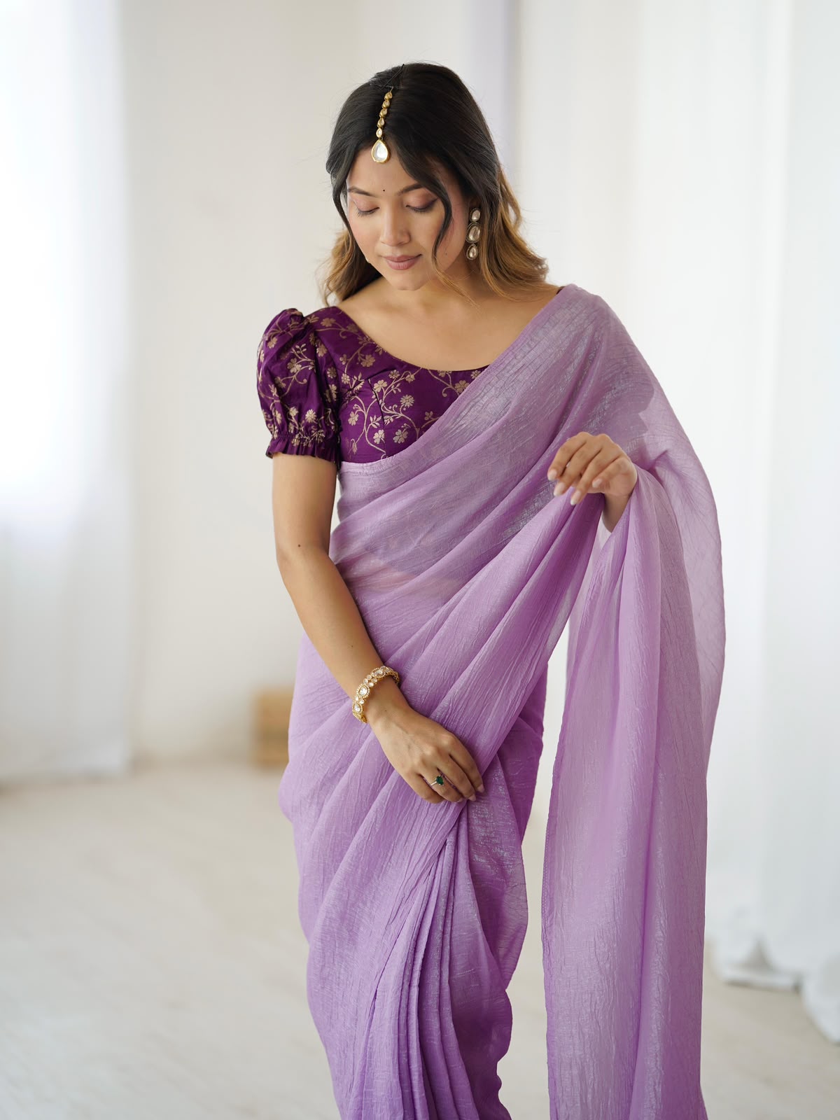 Elegant Sparkle Silk Pre-Stitched Saree with Adjustable Hooks & Blouse