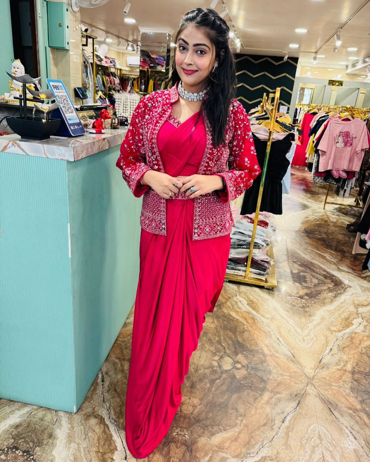 Ready-to-Wear Heavy Satin Crepe Embroidery Sequence Saree with Koti & Belt