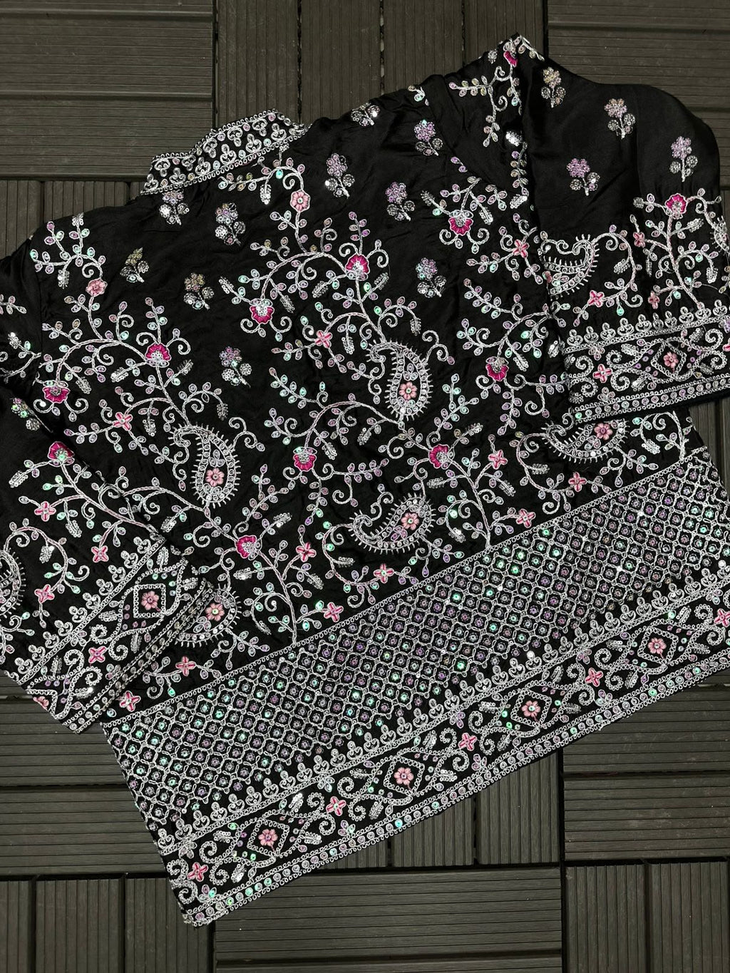 Ready-to-Wear Heavy Satin Crepe Embroidery Sequence Saree with Koti & Belt
