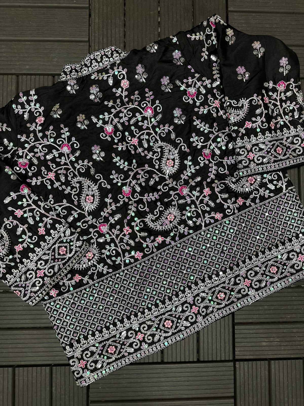Ready-to-Wear Heavy Satin Crepe Embroidery Sequence Saree with Koti & Belt