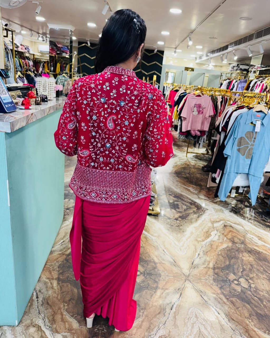 Ready-to-Wear Heavy Satin Crepe Embroidery Sequence Saree with Koti & Belt
