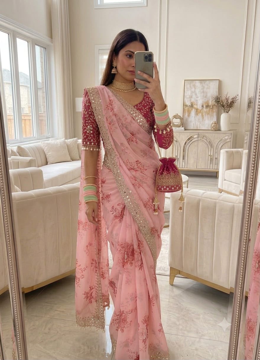 Hand Mirror Work Georgette Saree Set with Stitched Mono Silk Blouse