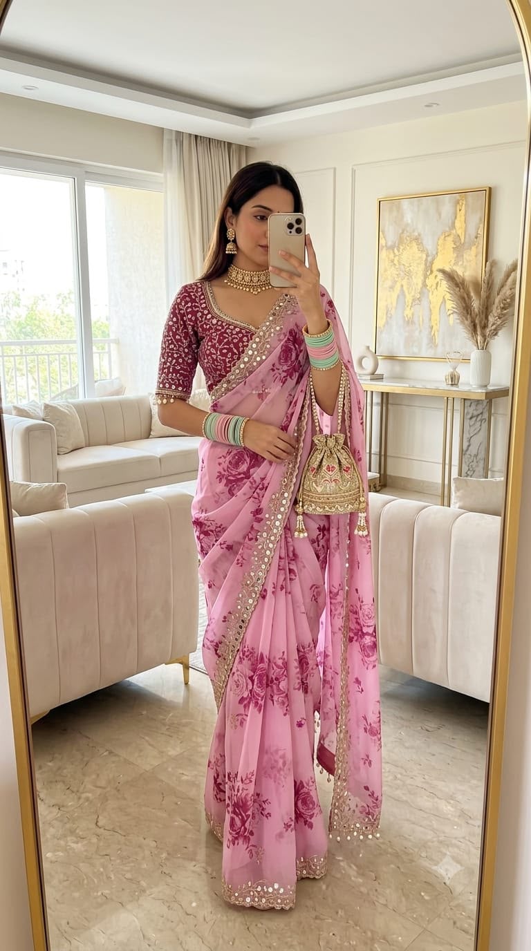 Hand Mirror Work Georgette Saree Set with Stitched Mono Silk Blouse
