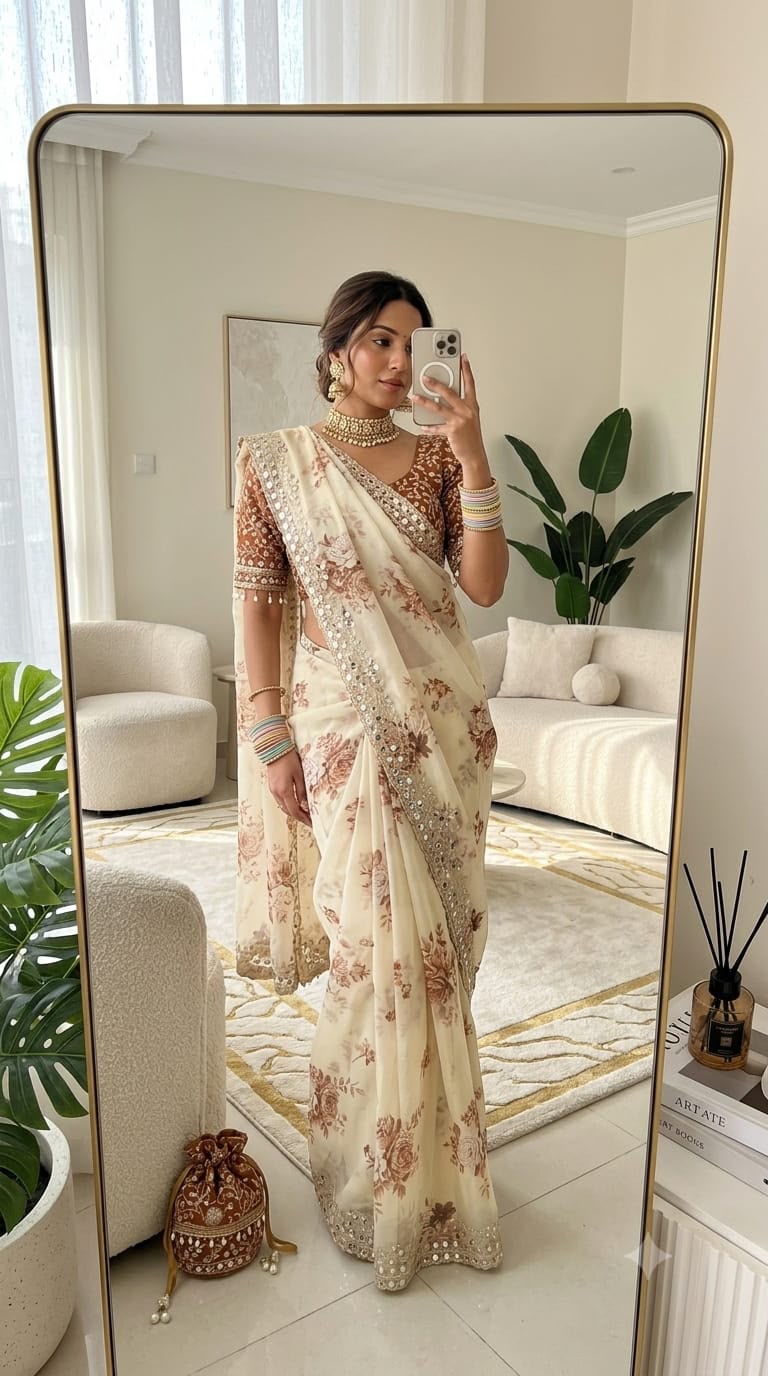 Hand Mirror Work Georgette Saree Set with Stitched Mono Silk Blouse